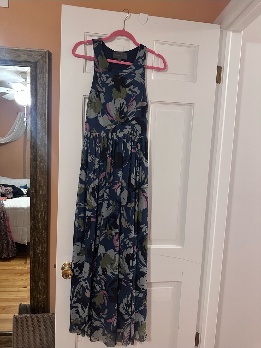 Floral Navy Sleeveless Maxi Dress with Pink & Olive Accents
